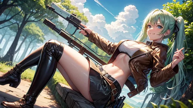 1girl, solo, full body, summer, village, trees, sun, clouds, fantasy, medieval, ((pale green hair)), twintail, huge breasts, ((brown leather jacket)), brown leather shorts, ((leather clothes)), cleavage 1:3, blue eyes, skirt, grin, looking at the viewer, s...