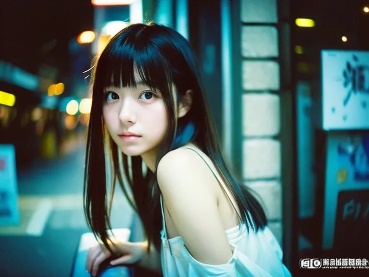 Japanese beautiful girl, Embarrassed look, figure, (Highest quality, Super detailed), front、Gentle lighting, Flowing Hair,one piece、 Delicate features, Dreamy atmosphere、Analog Film Photography、20-year-old、80、Cyberpunk-style lo-fi animation、