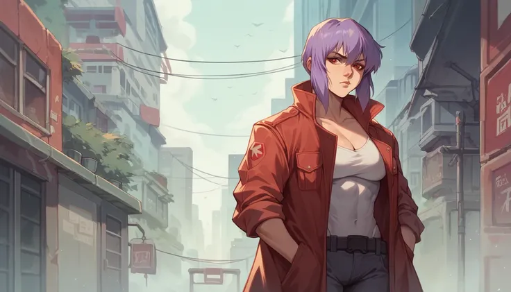 Ghost in the Shell-style image、One Woman、Red coat、Standing in the city