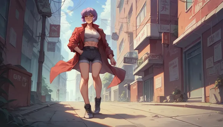 Ghost in the Shell-style image、One Woman、Red coat、Standing in the city