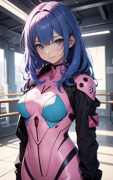 pink evangelion suit, a beauty girl, stunning proportions, blue hair, smile