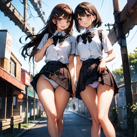 Very small breasts、All of them have their breasts fully exposed.、Bare Chest、Bare shoulders、loafers、Texture CG, ((Ultra Detailed Art)), ((masterpiece)), (Highly detailed CG),Multiple Girls,Two Girls,Harem,Are standing,  ,((((uniform))),skirt ,(((赤いpleated m...