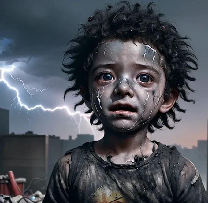 A little boy is electrocuted in a comedy movie, covered in soot and left in rags by lightning.