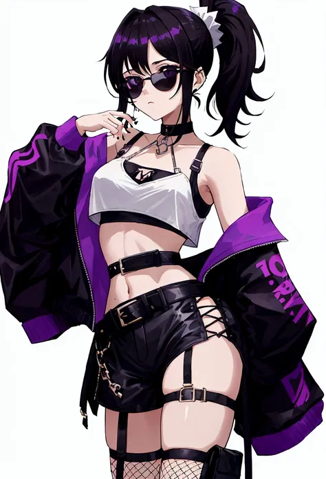 young girl, who wears a short jacket and a crop top, covering her upper body, exposing the navel. She also wears black buttonless shorts with a decorative piece of black and purple fabric, which hangs from the back, and also a white belt, with a gaming con...