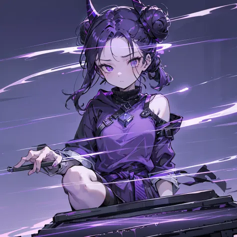 boy. thoughtful look. open forehead. black and purple hair tied in a bun on the left side to one side. sinuous black horns wrapped in dark purple ribbon. pale violet eyes. in short dark purple shorts. long white T-shirt. dark purple knee-high socks. dark_p...