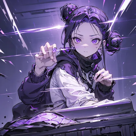 boy. thoughtful look. open forehead. black and purple hair tied in a bun on the left side to one side. sinuous black horns wrapped in dark purple ribbon. pale violet eyes. in short dark purple shorts. long white T-shirt. dark purple knee-high socks. dark_p...