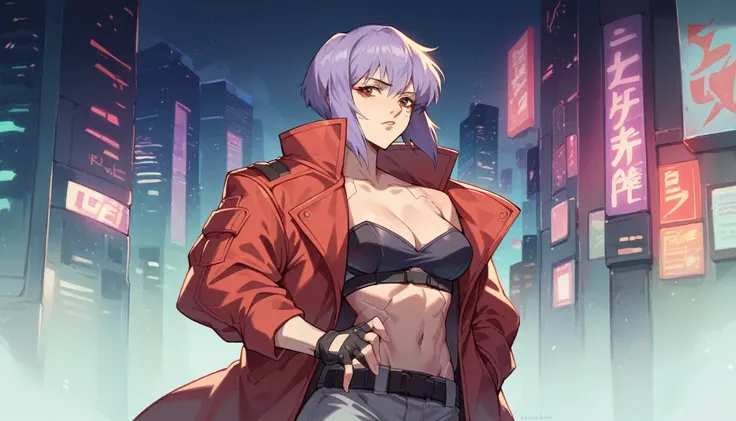 Ghost in the Shell-style image、One Woman、Red coat、In the city at night、Cyberpunk Style、Real