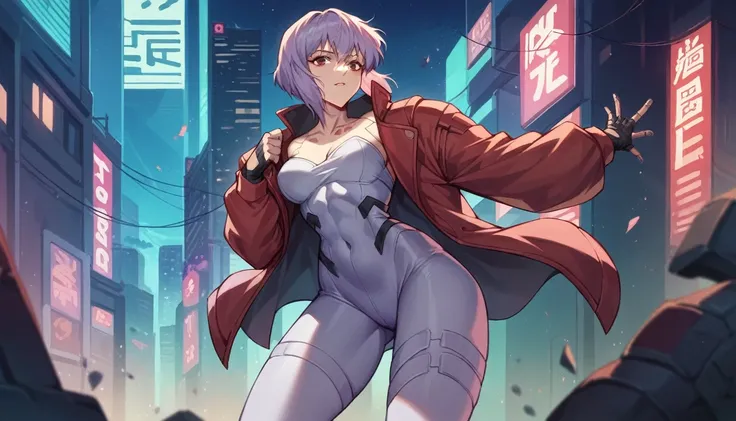 Ghost in the Shell-style image、One Woman、Red coat、In the city at night、Cyberpunk Style、Real