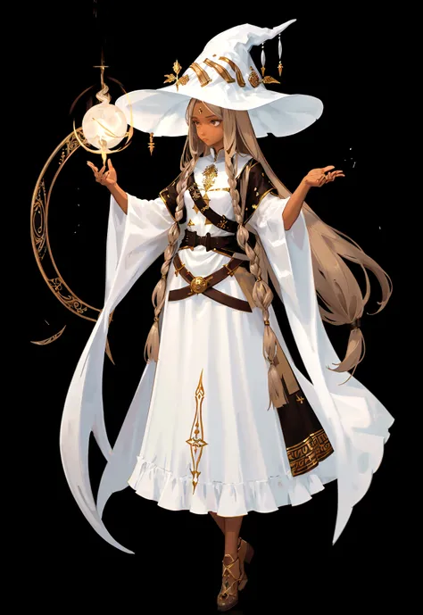 Character (light brown skin tone) (adult woman) (white long hair) (white witch-style clothing) (character casting spell pose) (full body) (black background)