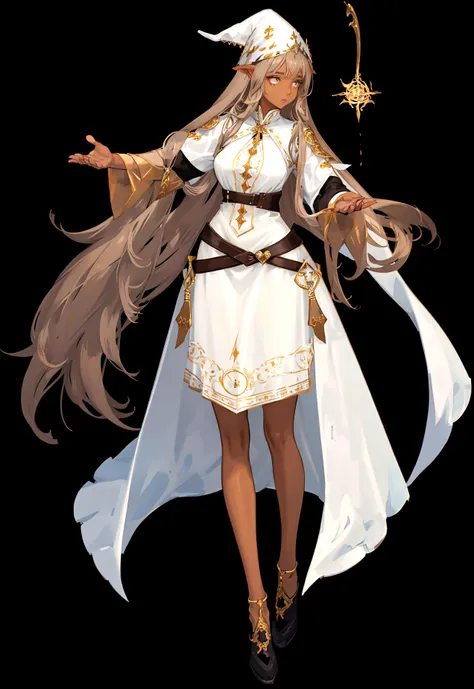 Character (light brown skin tone) (adult woman) (white long hair) (white witch-style clothing) (character casting spell pose) (full body) (black background)