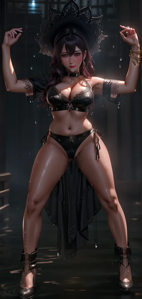 Kate Denson from Dead by Daylight, 1 Girl, Full body, standing, cowboy shot, Best quality, Ultra Detail, 8K, Ultra high realistic, Detailed face, Masterpiece, (Blushing:1.3), Milf, , Wet skin, Wet in miss V, Oil skin, Ahegao face, climax horny girl, Big th...