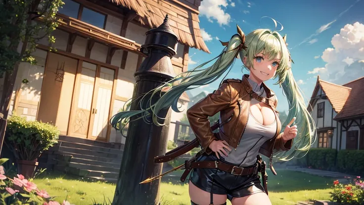 1girl, solo, village, houses, trees, sun, clouds, fantasy, medieval, ((pale green hair)), twintail, huge breasts, ((brown leather jacket)), brown leather shorts, ((leather clothes)), cleavage 1:3, blue eyes, skirt, grin, looking at the viewer, standing, ha...