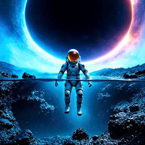 a futuristic astronaut floating in water on an alien planet, black hole visible over the horizon, vivid colors, intricate detail...