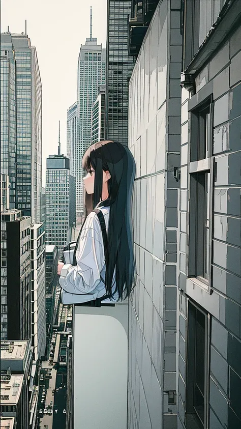 Lonely girl, gloomy theme,Long Hair,City,Buildings