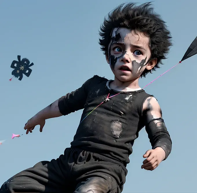 A little boy is electrocuted while flying a kite in a comedy movie, and ends up covered in soot and battered.