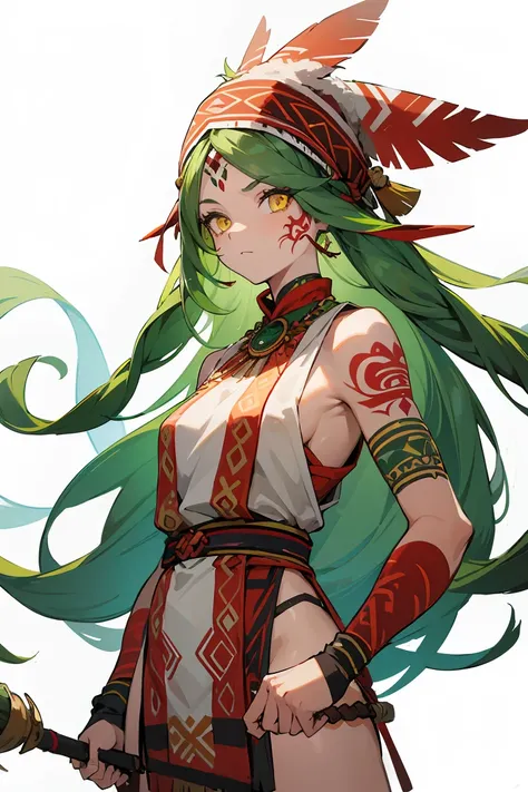 masterpiece, high quality, perfect face, 1girl, woman, tall, native, tribal, long green hair, head covering made of bird feather, yellow eyes, red tattoo on face, red tattoo on body, tribal clothes, holding spear, long spear weapon