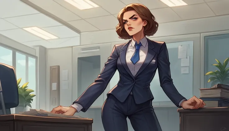 arafed woman in a suit standing in an office with a serious look on her face, a hyperrealistic painting inspired by Louisa Matthíasdóttir, trending on cg society, digital art, girl in suit, girl in a suit, wearing a strict business suit, business woman, of...