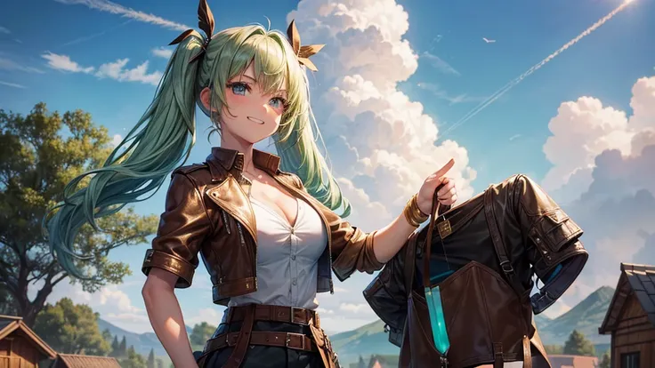 1girl, solo, village, houses, trees, sun, clouds, fantasy, medieval, ((pale green hair)), twintail, huge breasts, ((brown leather jacket)), brown leather shorts, ((leather clothes)), button down, ((white shirt)), ((unbuttoned shirt)), ((short sleeved shirt...