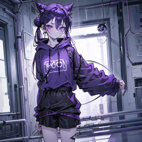 boy. thoughtful look. open forehead. black and purple hair tied in a bun on the left side to one side. sinuous black horns wrapped in dark purple ribbon. pale violet eyes. in short dark purple shorts. long white T-shirt. dark purple knee-high socks. dark p...