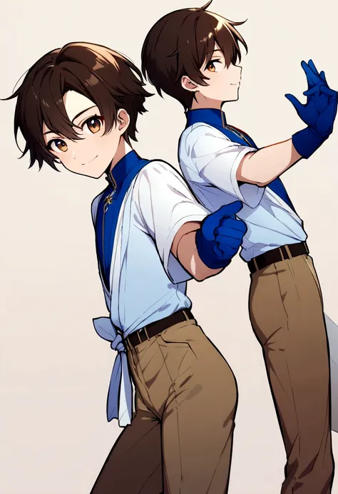 Teenage boy, Medium length hair, dark brown hair, eyes browns, Simple smile, white  shirt, blue blouse tied at the waist, Brown pants, blue gloves.