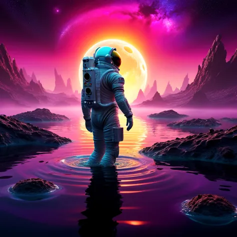 a futuristic astronaut floating in water on an alien planet, black hole visible over the horizon, vivid colors, intricate details, cinematic lighting, volumetric fog, highly detailed, photorealistic, 8k, best quality, masterpiece