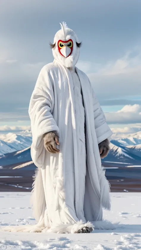 By bebebebebe, by lostgoose, by goonie-san, thin 20 foot tall humanoid creature, ((long white flowing yeti robe, bird stork mask, long white beak, long flowing plumage)), standing on a snowy plateau, on a snow-covered a siberian mountain, arctic, cryptozoo...