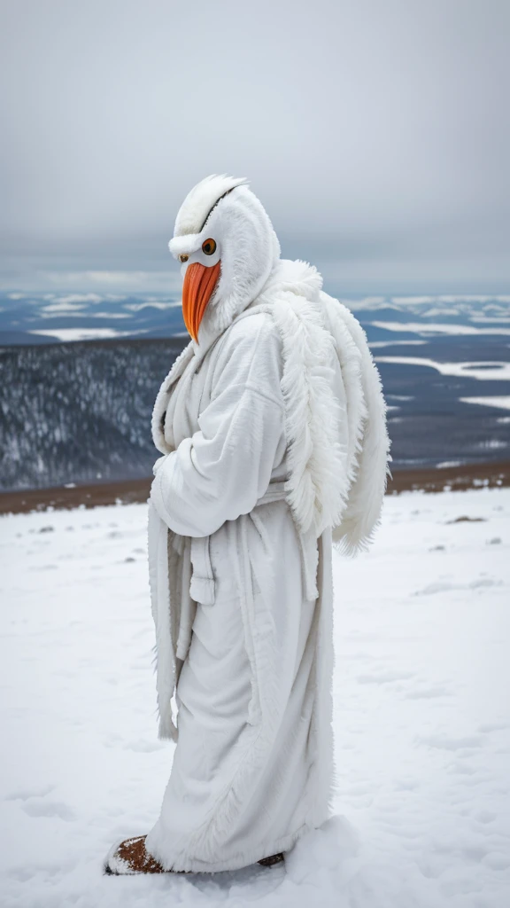 By bebebebebe, by lostgoose, by goonie-san, thin 20 foot tall humanoid creature, ((long white flowing yeti robe, bird stork mask, long white beak, long flowing plumage)), standing on a snowy plateau, on a snow-covered a siberian mountain, arctic, cryptozoo...