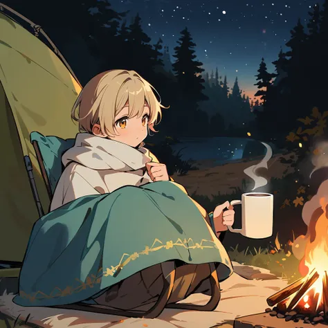 Outdoor，night，Boy sitting by a campfire，Beautiful eyes and face，tent，Pleasant atmosphere，Warm Light，A night sky full of stars，Crackling fire，The background is a forest，Natural scenery，peaceful安详，Smoke rising from the fire，relax，comfortable camping chair，Ha...