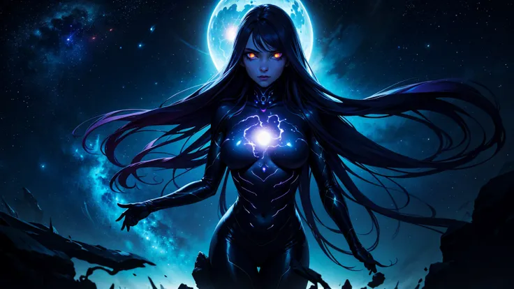 "cosmic entity": a woman with four glowing eyes, several arms, A stunning view from space reveals a distorted galaxy full of strange life forms and entities that humans understand. Planet with night sky, fissure, Leviathan, 8K, comely, dramatic scene, brea...