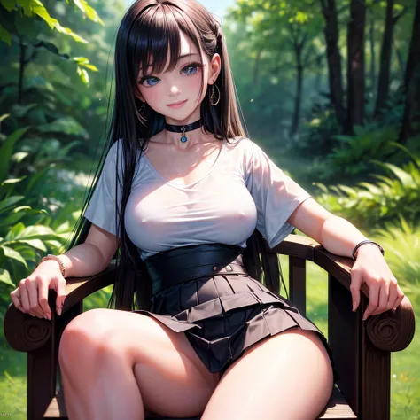 (1 girl, smiling, sitting on a chair, outdoor, forest background, blurred background, human hands, black mini skirt, white t-shirt, pink long hair, beautiful face, blue eyes, choker, bracelet, earrings, medium breasts:1.2, ideal female body, flawless anato...