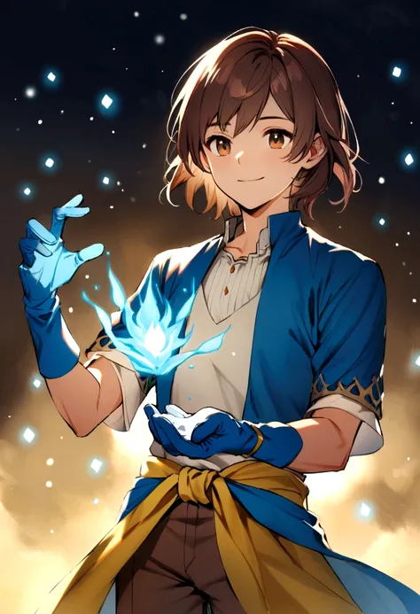 Teenage boy, Medium length hair, dark brown hair, eyes browns, Simple smile, white  shirt, blue blouse tied at the waist, Brown pants, blue gloves.