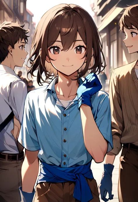 Teenage boy, Medium length hair, dark brown hair, eyes browns, Simple smile, white  shirt, blue blouse tied at the waist, Brown pants, blue gloves.