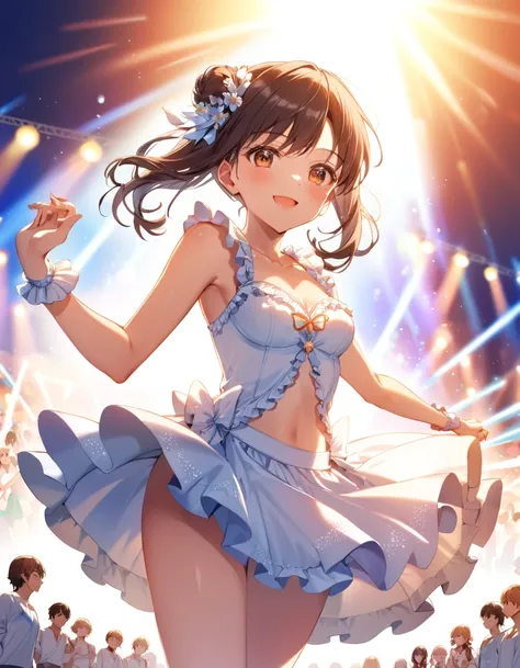 dynamic angle, (close up face), a ultra detailed beautiful moe anime, frilly stage dress, summer frilly idol is filled with the vitality of a summer festival. On stage, she sings and dances energetically, swinging her frilly skirt. Under the blazing sun, h...