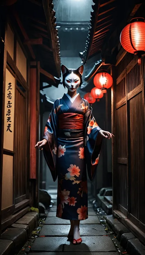 Create a spooky and terrifying image of the Bakeneko Courtesan from Japanese folklore. This supernatural being is depicted as a beautiful courtesan with feline features such as cat ears, sharp claws and glowing eyes. She is dressed in a Japanese kimono. Pl...