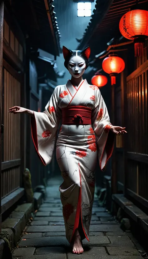 Create a spooky and terrifying image of the Bakeneko Courtesan from Japanese folklore. This supernatural being is depicted as a beautiful courtesan with feline features such as cat ears, sharp claws and glowing eyes. She is dressed in a Japanese kimono. Pl...