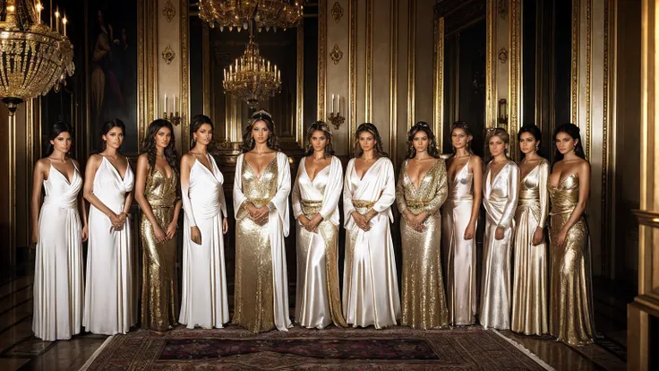 ((best quality)), ((Masterpiece)), (details), A photograph of a European woman wearing a royal robe with a serious expression stands in the center., Surrounded by seven fully naked women., large breasts, Straight hair and white skin, Some placed their hand...