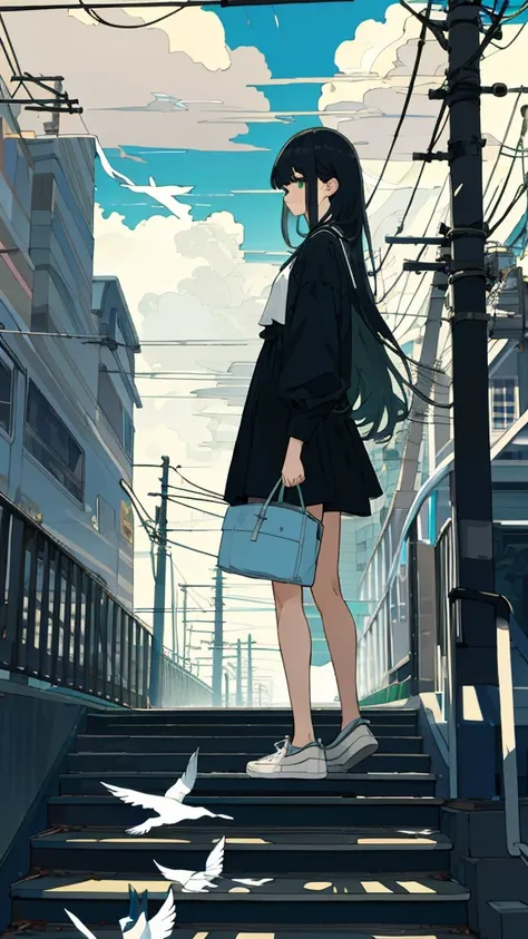 masterpiece, Exquisite detail,Highest quality, One girl, alone, handrail, cloud, Standing in the city,Long Hair, shoes, zero, Long sleeve, sneakers, Power lines, White footwear, Black Hair, View your viewers, Electric pole, bangs, cloudy zero, fish, bird, ...