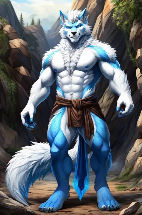 Wolf man, with white fur, white hair with blue highlights, blue colored eyes, with half blue tail Full body 