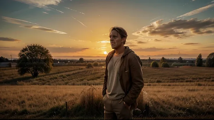 a man with his face covered in tears. The backdrop is a field of brown grass, with a wooden fence in the distance. the sky above is bright orange, casting a warm glow over the scene.