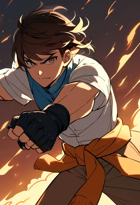 Teenage boy, neat hair medium length hair, dark brown hair, eyes browns, Simple smile, white  shirt, blue blouse around the waist, Brown pants, black fighting gloves