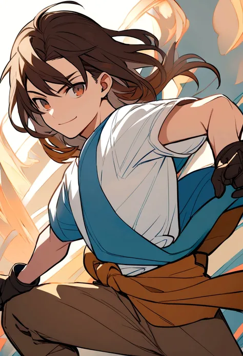 Teenage boy, neat hair medium length hair, dark brown hair, eyes browns, Simple smile, white  shirt, blue blouse around the waist, Brown pants, black fighting gloves