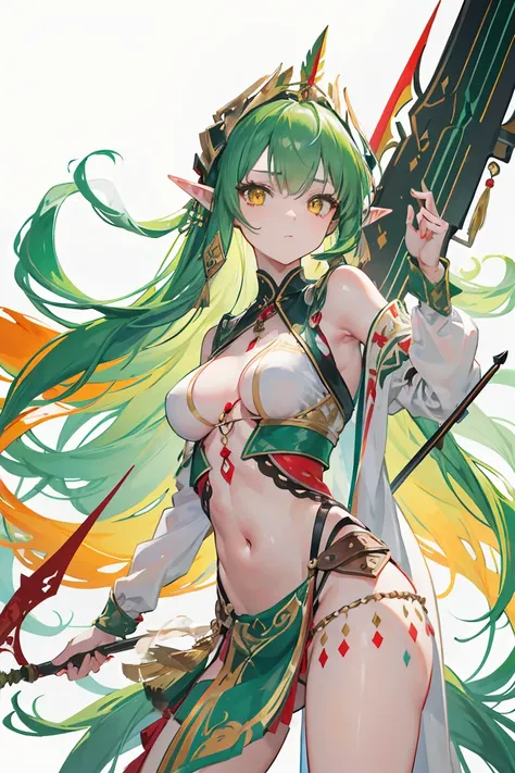 masterpiece, high quality, perfect face, 1girl, woman, tall, native, tribal, long elf ear, long green hair, head covering made of bird feather, yellow eyes, red tattoo on face, red tattoo on body, covered long tribal clothes, holding spear, long spear weap...