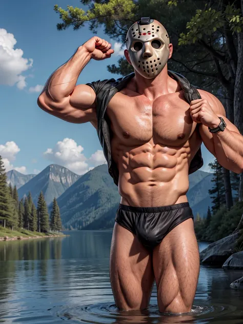 (masterpiece, 4K, ultra detailed), Jason Voorhees, single, masculine, lake, cartoony, realistic, single Jasons white mask, shirtless, muscular, lean, eight-pack, black speedos