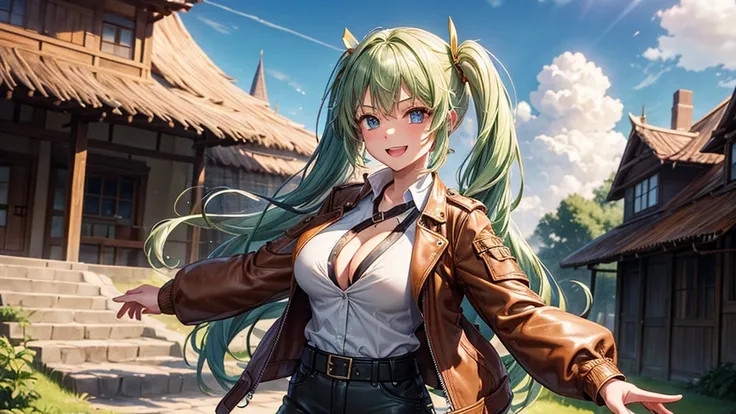 1girl, solo, village, houses, trees, sun, clouds, fantasy, medieval, ((pale green hair)), twintail, huge breasts, ((brown leather jacket)), brown leather shorts, ((leather clothes)), button down, ((white shirt)), ((unbuttoned shirt)), ((short sleeved shirt...