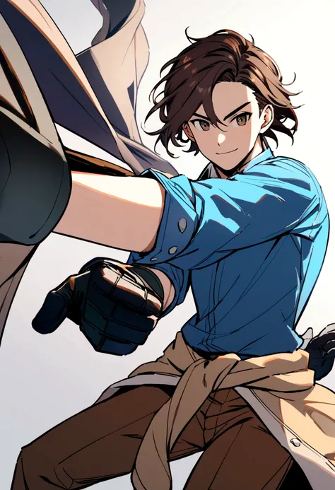 Teenage boy, neat hair medium length hair, dark brown hair, eyes browns, Simple smile, white  shirt, blue blouse around the waist, Brown pants, black fighting gloves