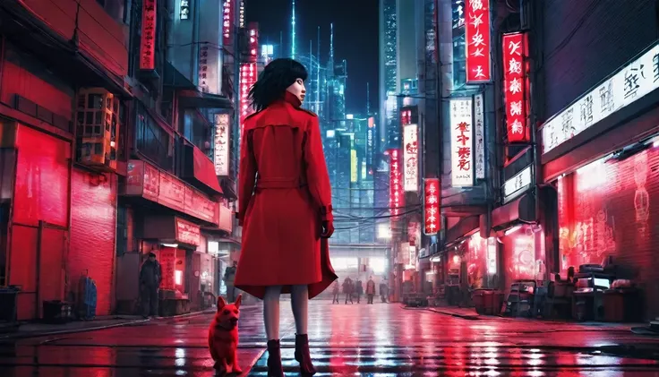 Ghost in the Shell-style image、One Woman、Red coat、In the city at night、Cyberpunk Style、Real