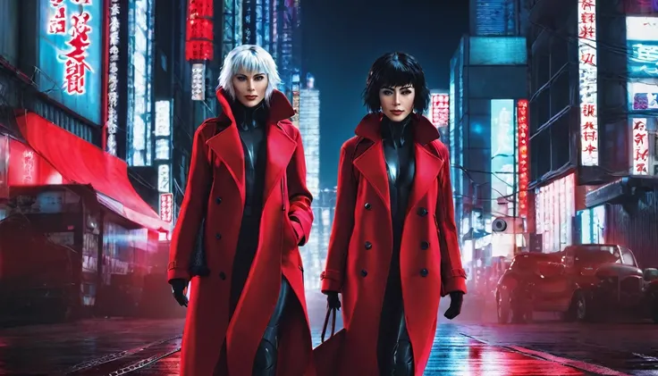 Ghost in the Shell-style image、One Woman、Red coat、In the city at night、Cyberpunk Style、Real