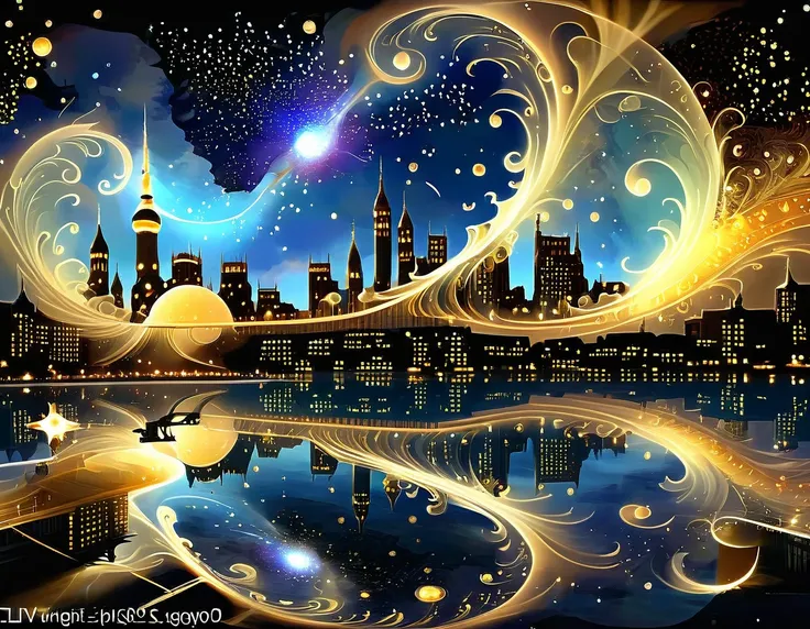 A dreamlike cityscape where the buildings and surroundings are intricately detailed using Mandelbrots fractal patterns. The stars twinkle with mathematical precision.