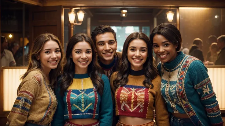 a group of five happy american people, smiling, standing together, positive vibes, cheerful expressions, warm lighting, vibrant colors, detailed faces, intricate clothing, photorealistic, 8k, cinematic, dramatic lighting, cinematic composition