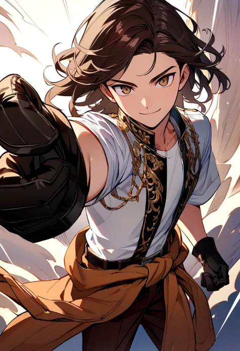 Teenage boy, neat hair medium length hair, dark brown hair, eyes browns, Simple smile, white  shirt, jacket around the waist, Brown pants, black fighting gloves, lot of details.